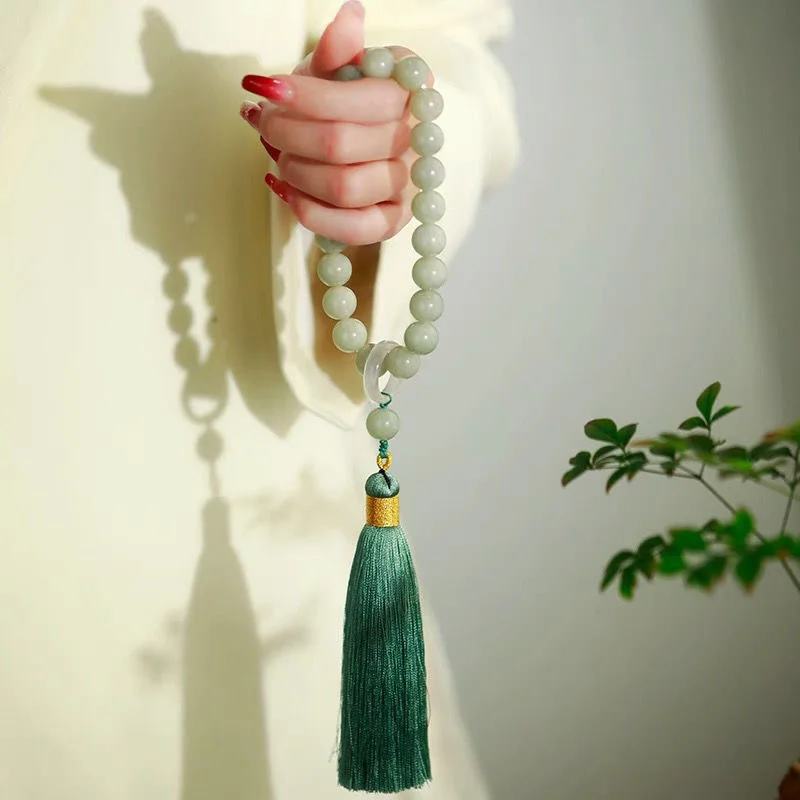 Men Accessories Jewelry - Green Jade Stone 12mm Beads Tassel